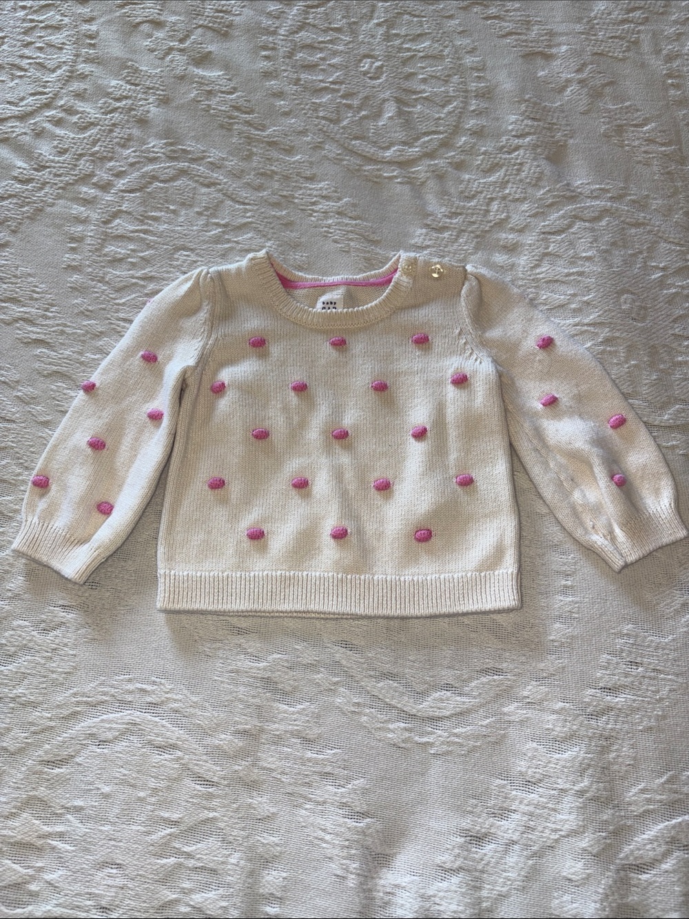 Baby Gap Cream Sweater with Pink Pom-Pom Accents EUC 12-18mo